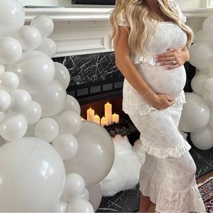 Pink Blush Maternity Dress - White with Light Blue Floral